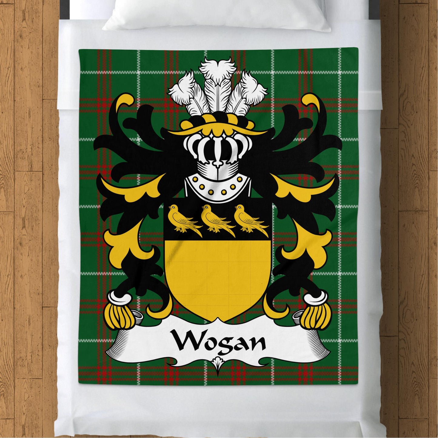 Wogan Surname Coat of Arms on Welsh National Tartan Blanket - Living Stone Gifts