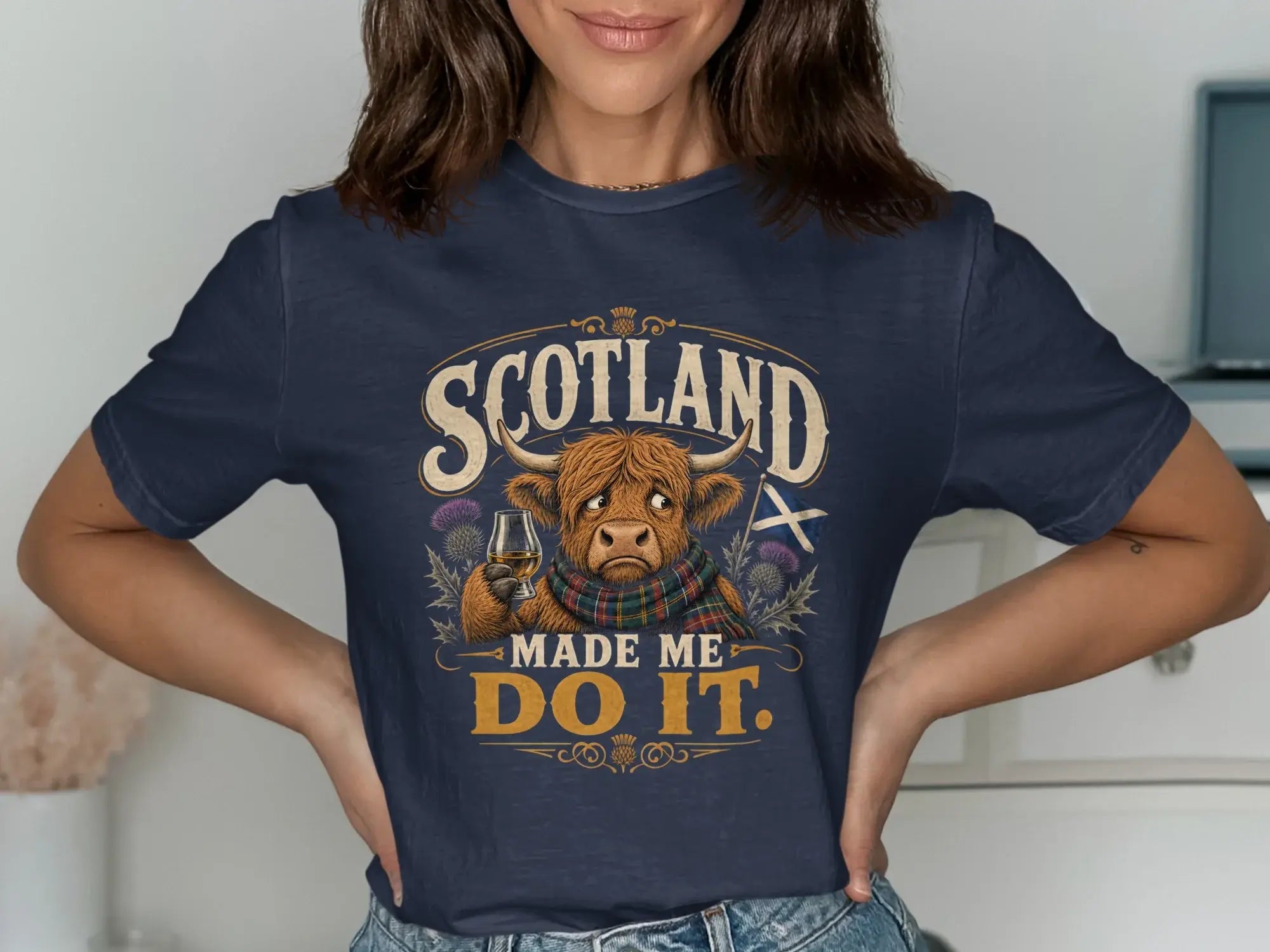 Scottish Highland cow wearing a tartan scarf, holding a whiskey glass.