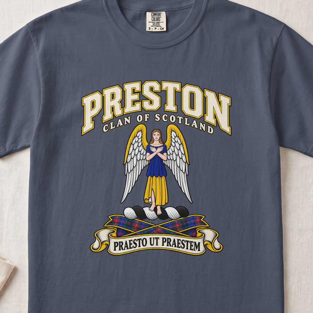 Preston Scottish clan T-shirt in Midnight, front view with a winged figure in blue and gold clothing and motto banner.