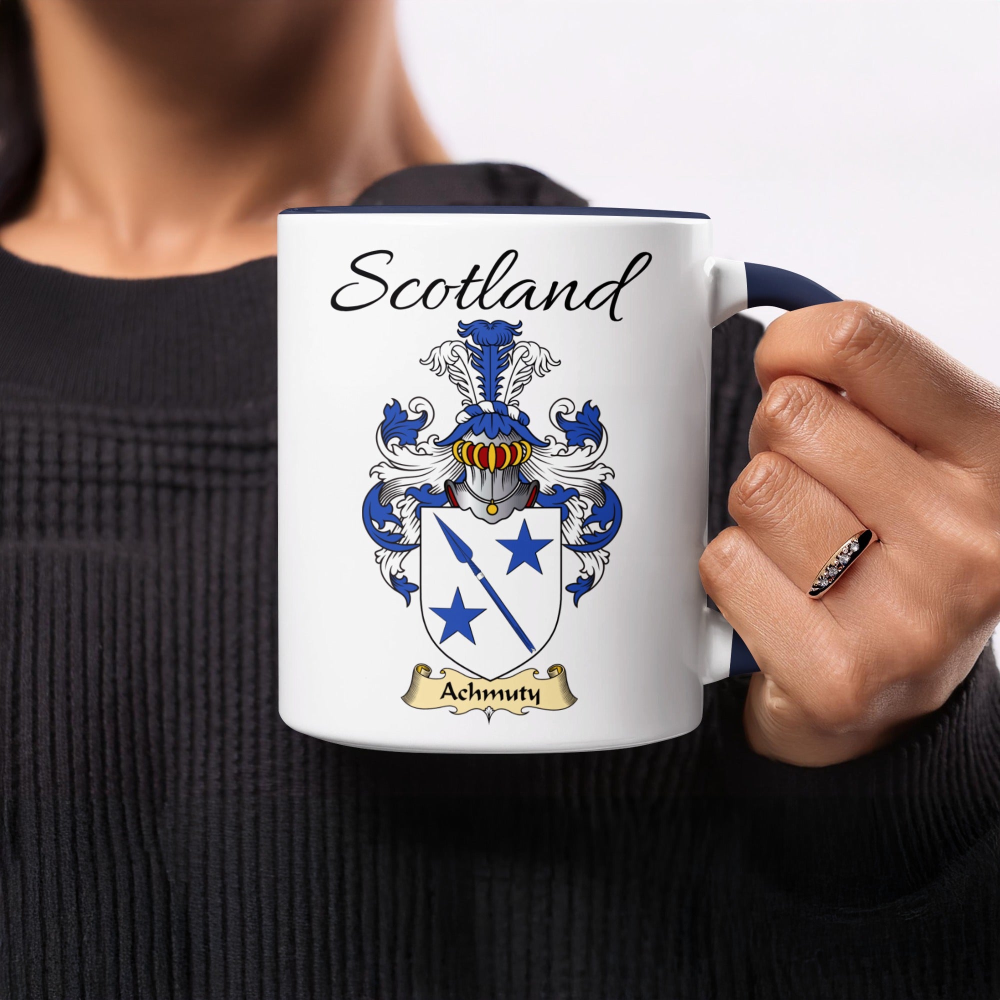 Red-accent Achmuty Scottish family crest mugs with Scotland above the heraldic shield