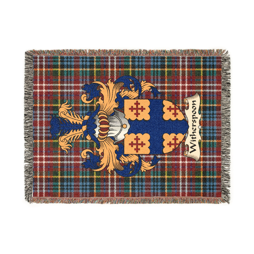 Witherspoon Scottish woven blanket with family shield and Caledonia tartan background