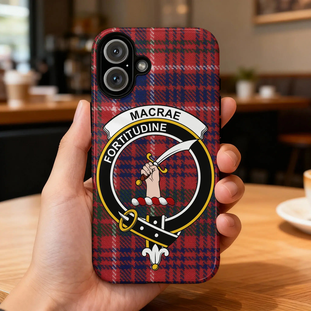 Clan MacRae tartan phone case — glossy full-wrap print with Fortitudine crest on iPhone