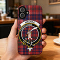 Clan MacRae tartan phone case — glossy full-wrap print with Fortitudine crest on iPhone