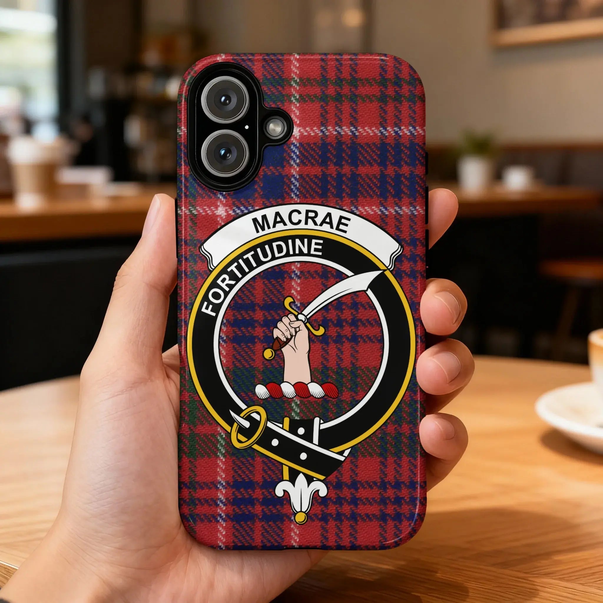Clan MacRae tartan phone case — glossy full-wrap print with Fortitudine crest on iPhone