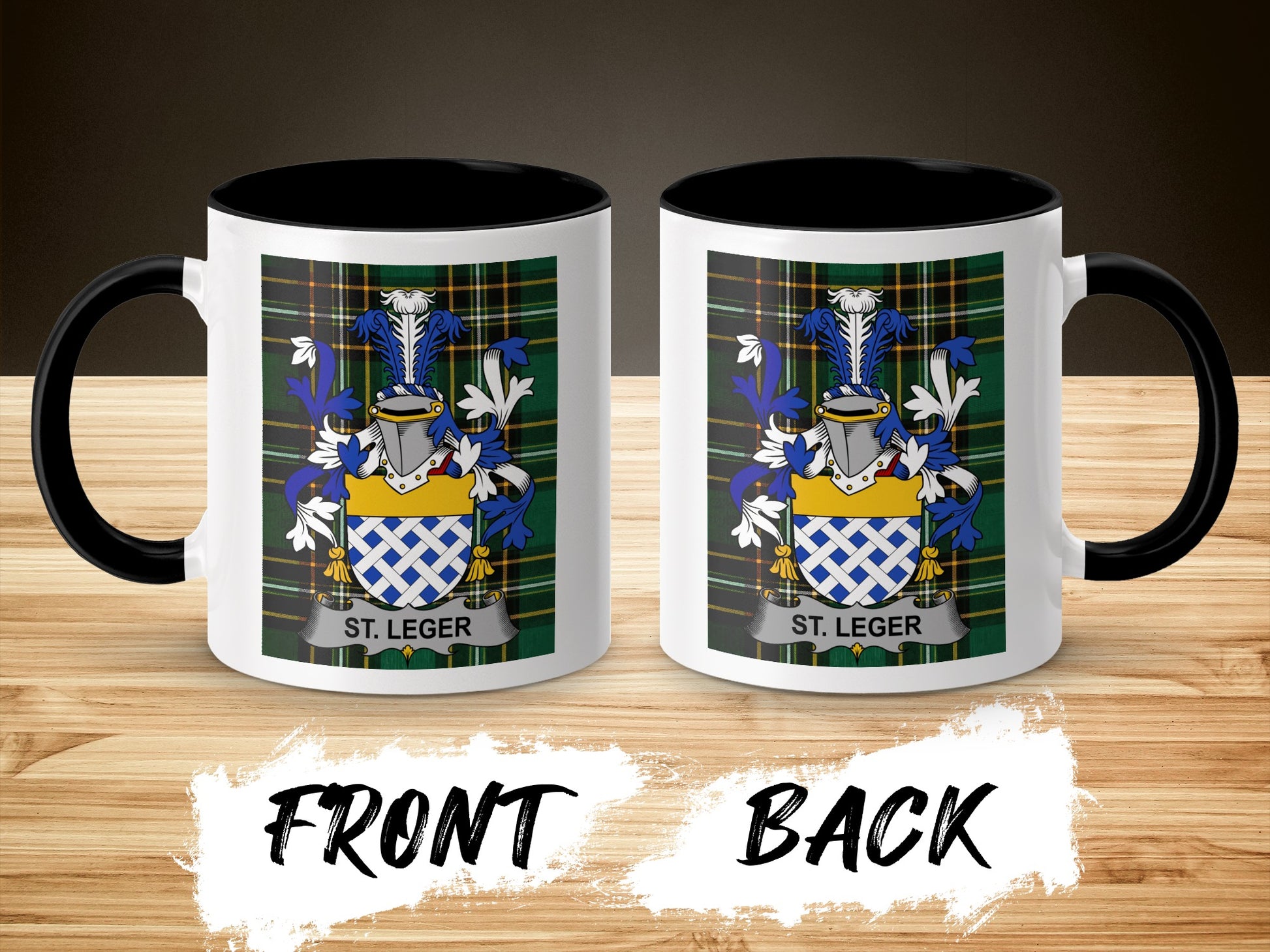 Two mugs, front and back views, display a coat of arms with "ST. LEGER" text.