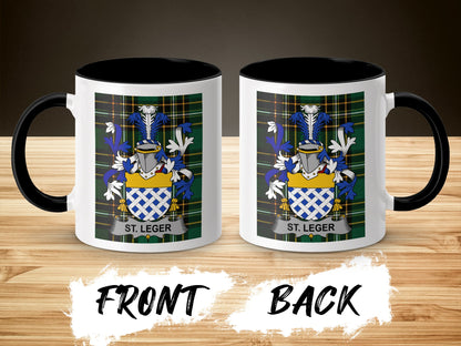 Two mugs, front and back views, display a coat of arms with "ST. LEGER" text.