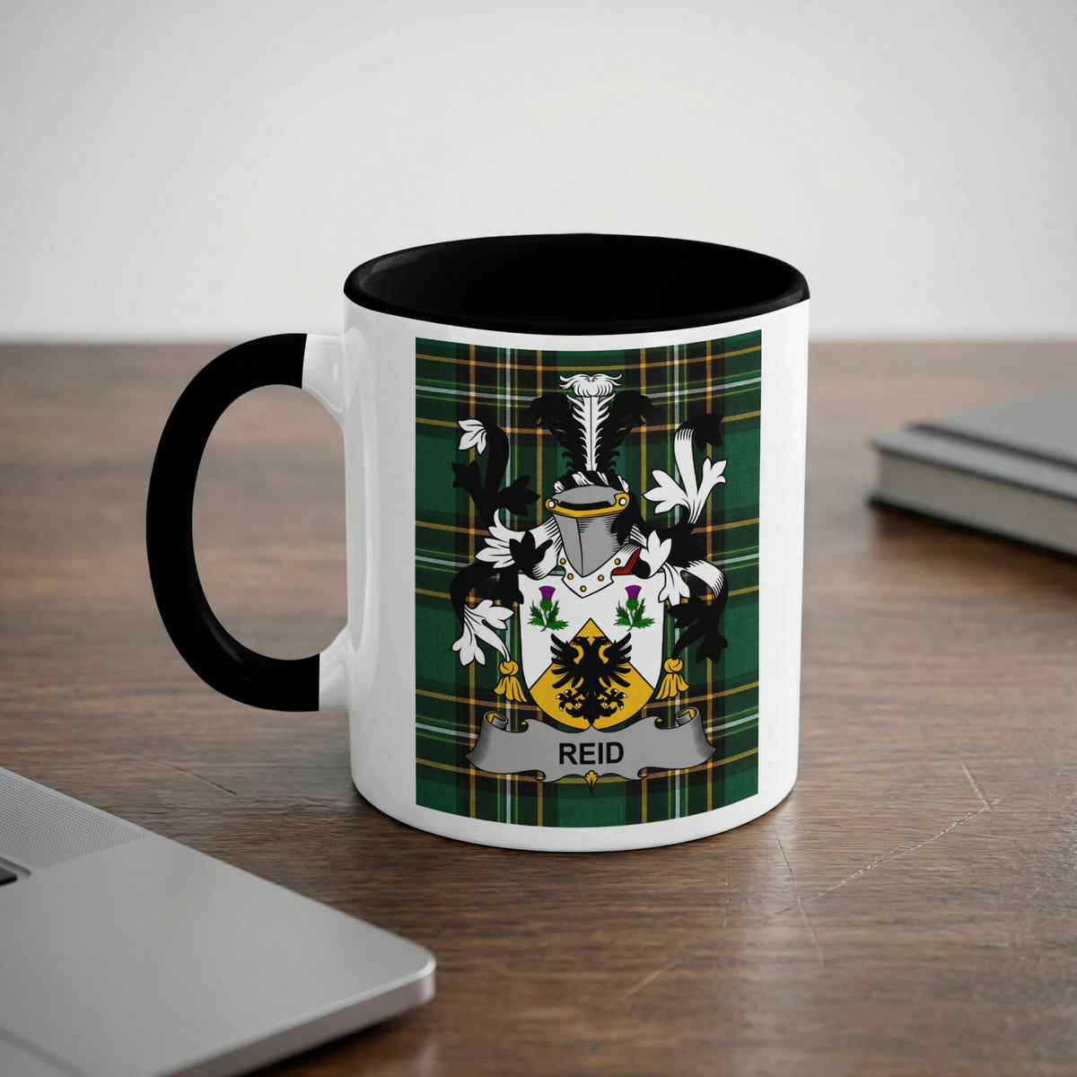 Reid family crest emblem mug with black handle and interior