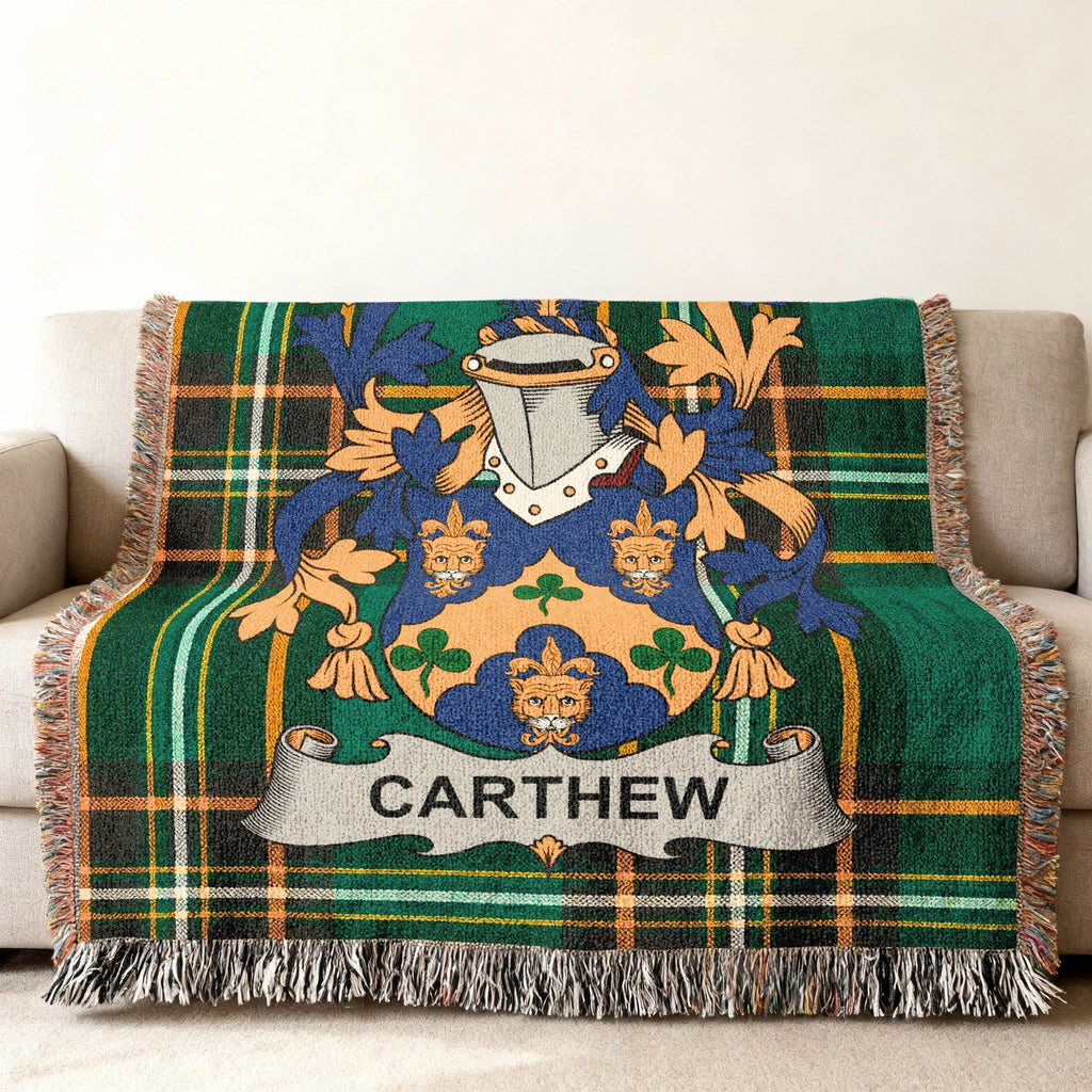 Carthew Plaid Fringed Family Crest Green Throw Blanket
