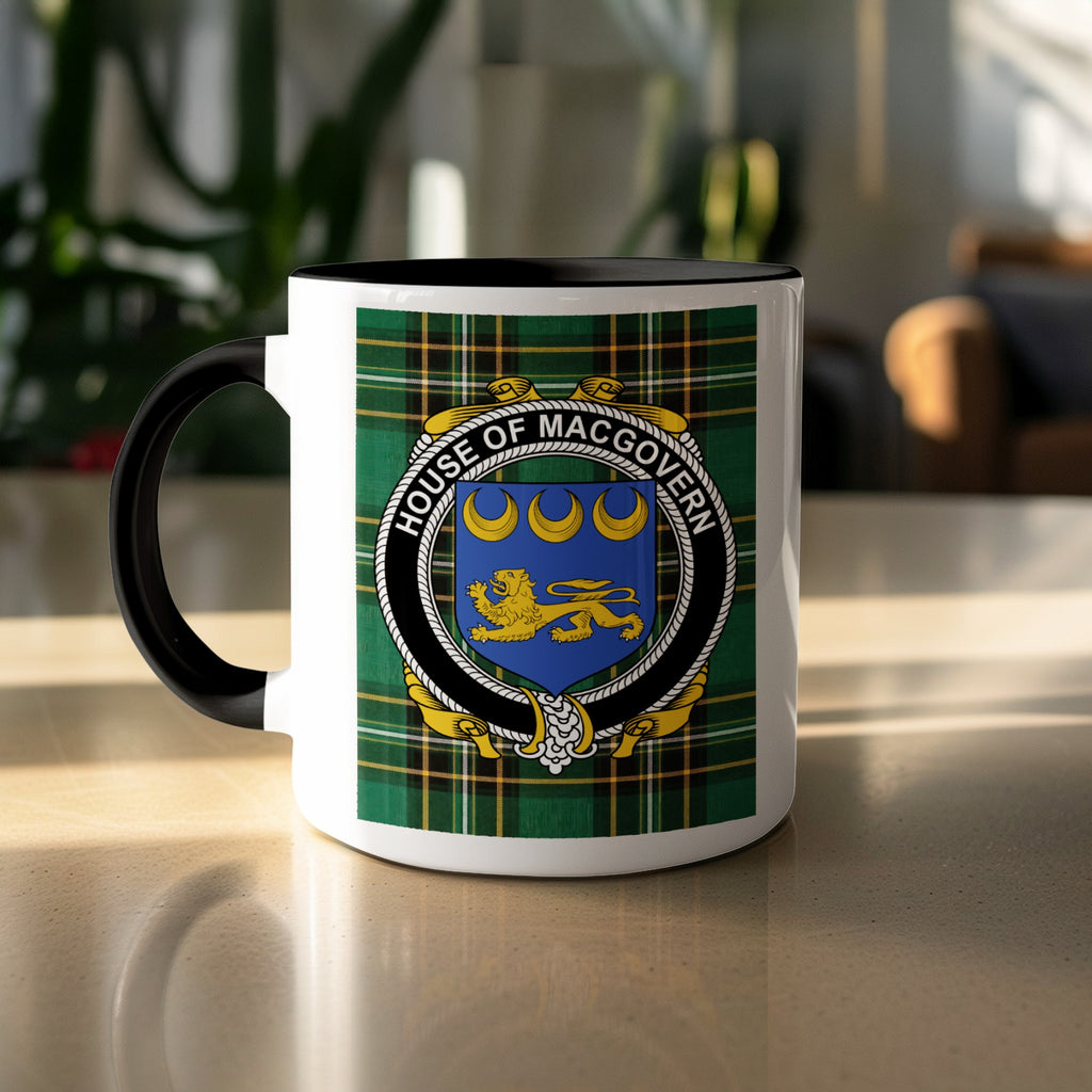 MacGovern surname accent mug displayed with Irish National Tartan design