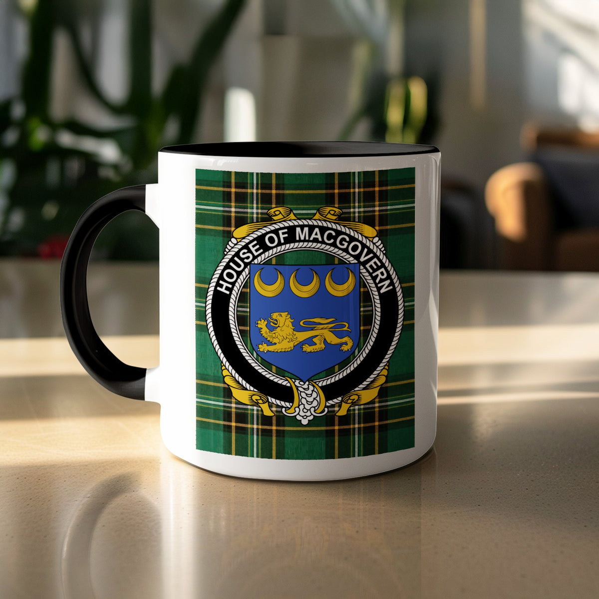 MacGovern surname accent mug displayed with Irish National Tartan design