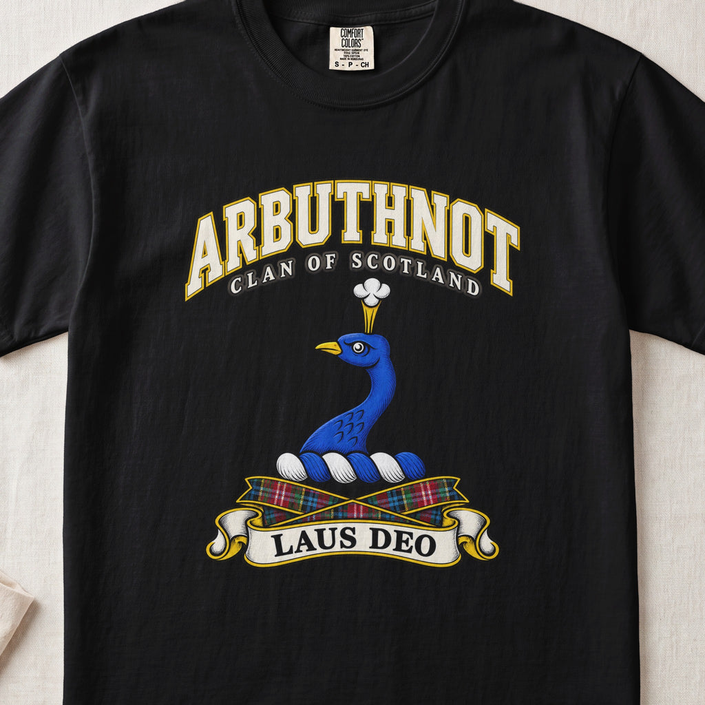 Arbuthnot Scottish clan T-shirt in Black, front view with a blue peacock head and neck and motto design.