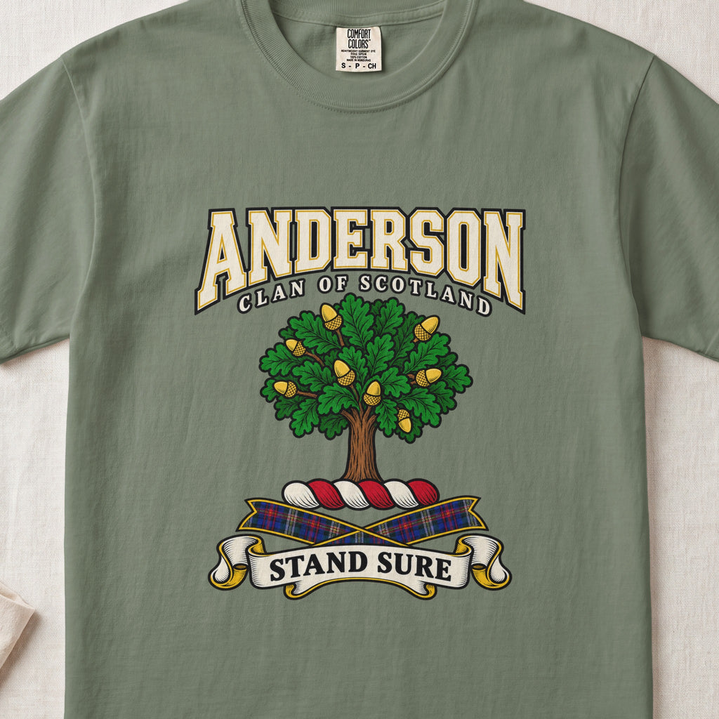 Anderson Scottish clan graphic T-shirt in Moss, front view