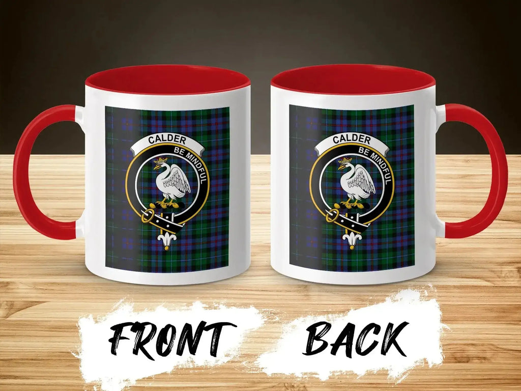 Calder clan crest tartan mug — red handle, 11 oz ceramic