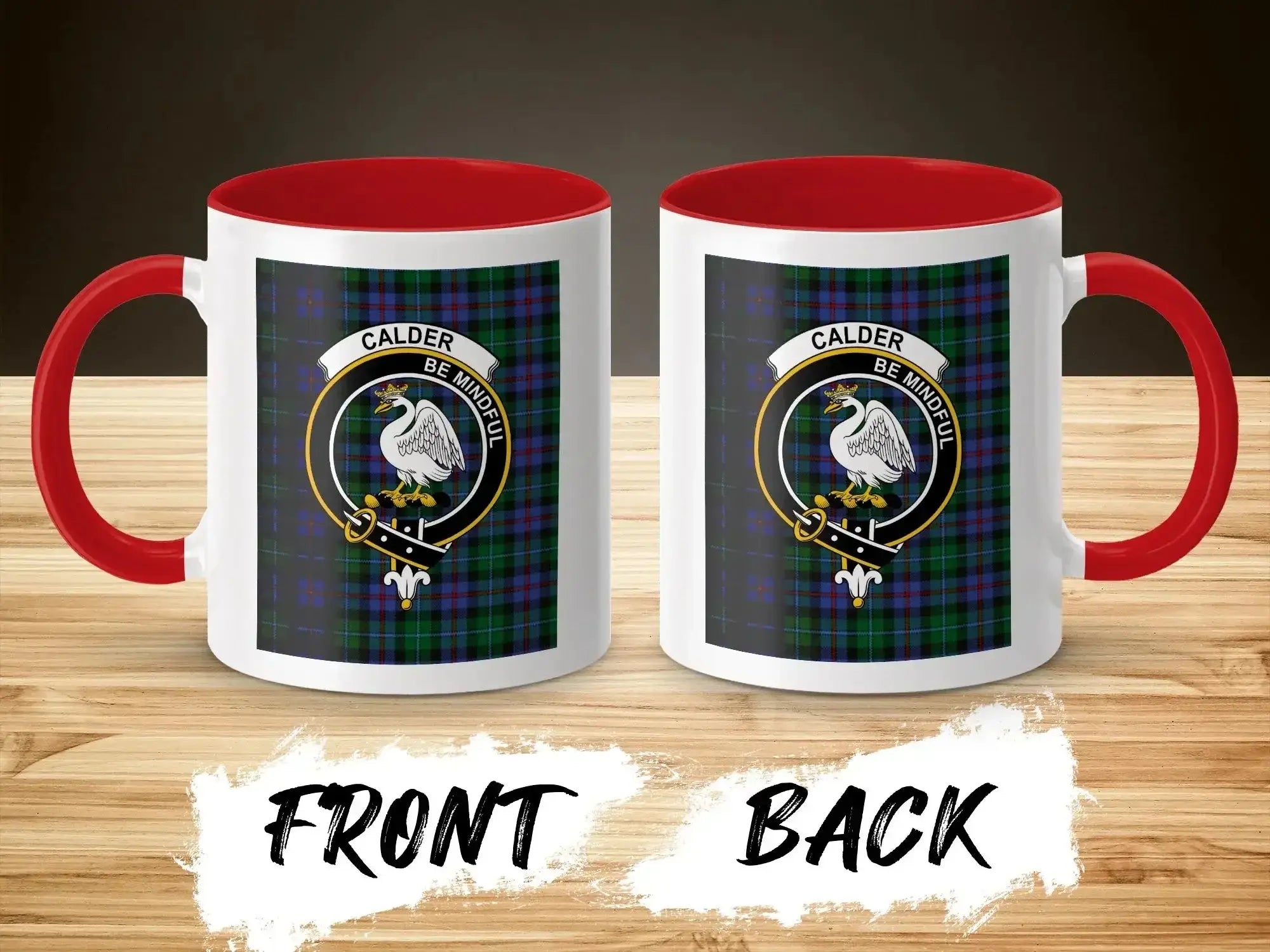 Calder clan crest tartan mug — red handle, 11 oz ceramic