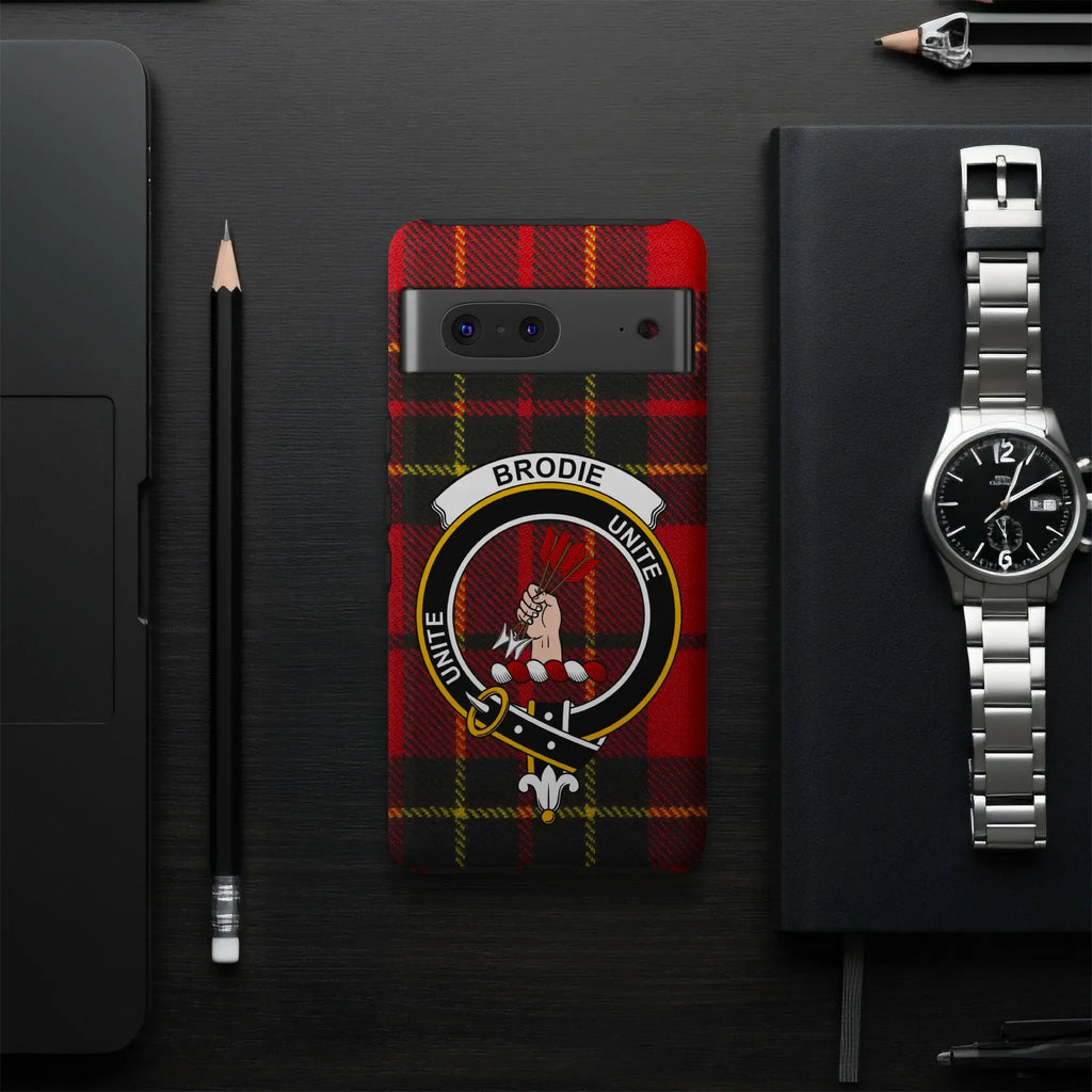Brodie Scottish crest phone case — full wrap tartan print, back view