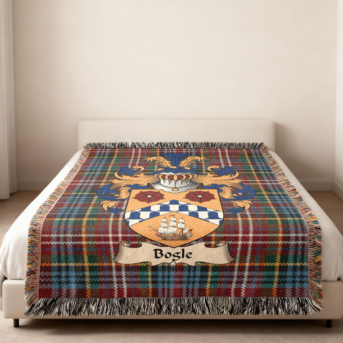 Bogle Caledonia tartan heritage woven throw blanket with family shield