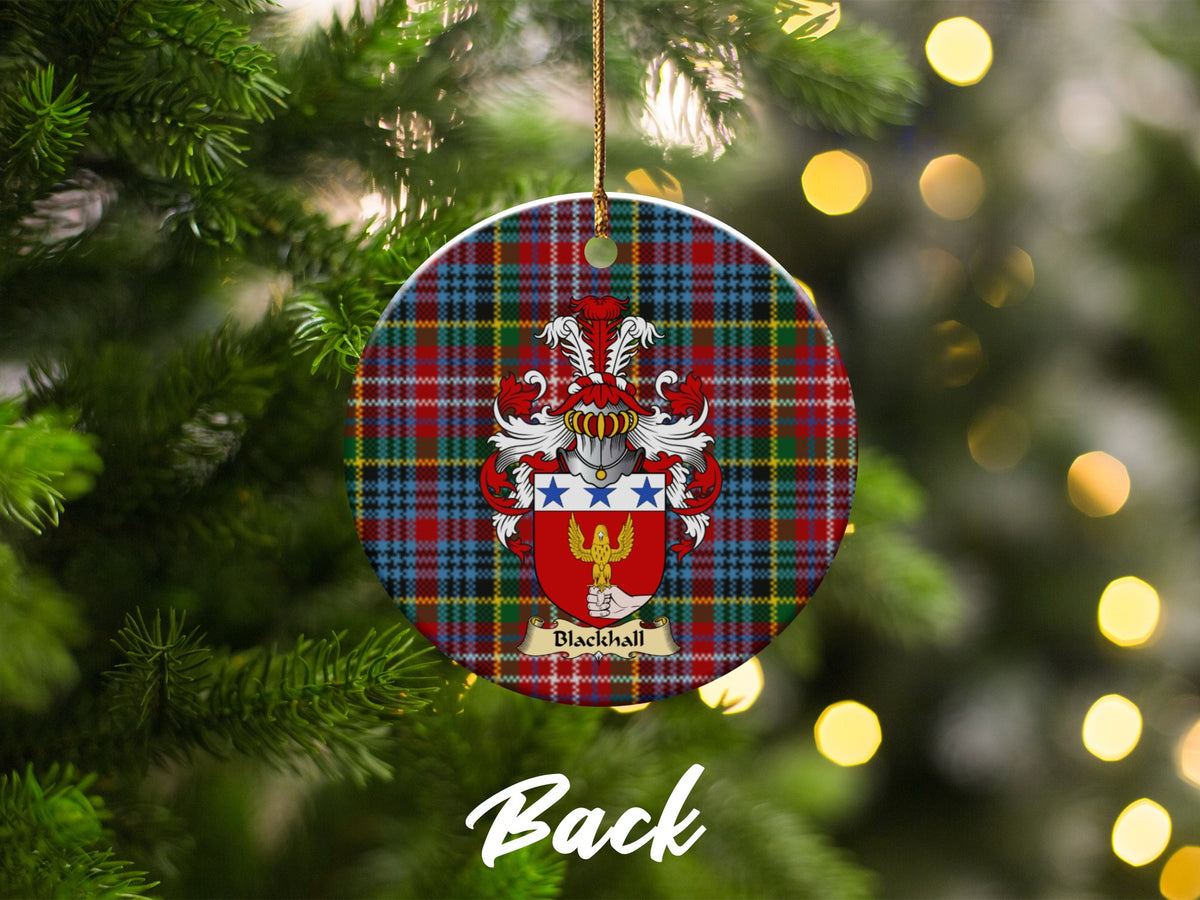 Double-sided Blackhall ceramic ornament with family shield and Caledonia tartan background