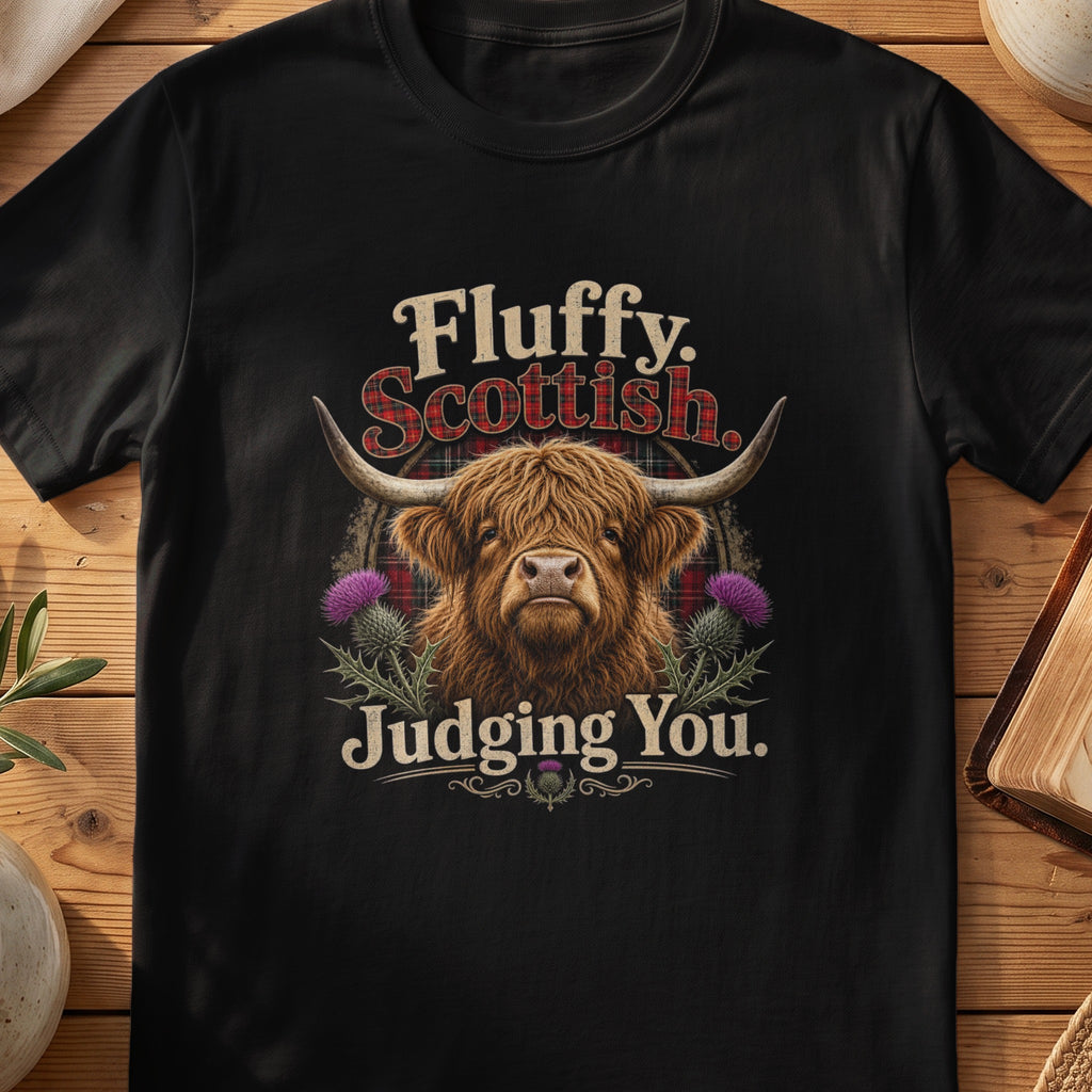 Black Gildan 64000 unisex T-shirt flatlay with Fluffy Scottish Judging You Scottish graphic design
