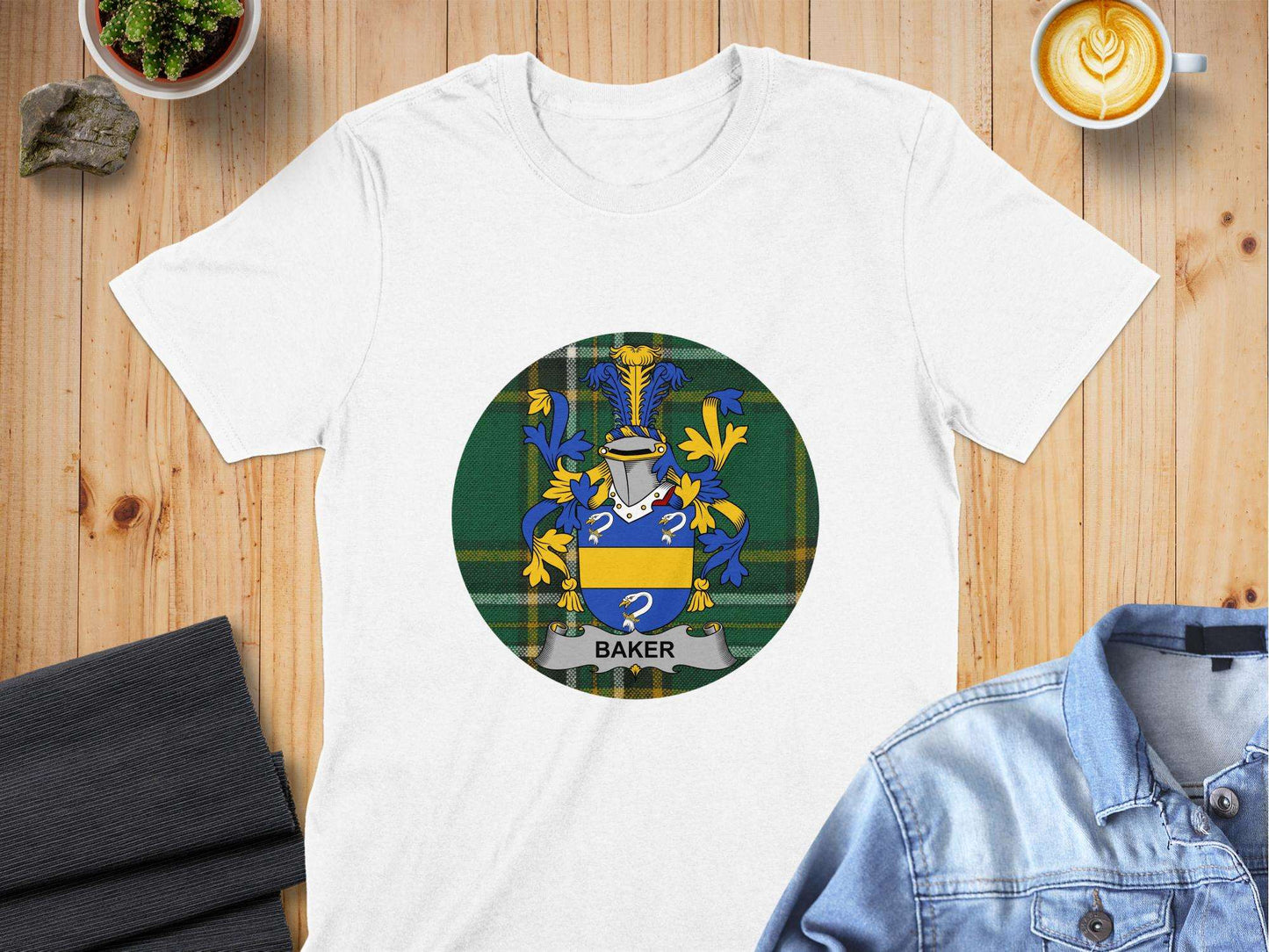 Baker Family Crest on Irish National Tartan Background T-Shirt - Living Stone Gifts