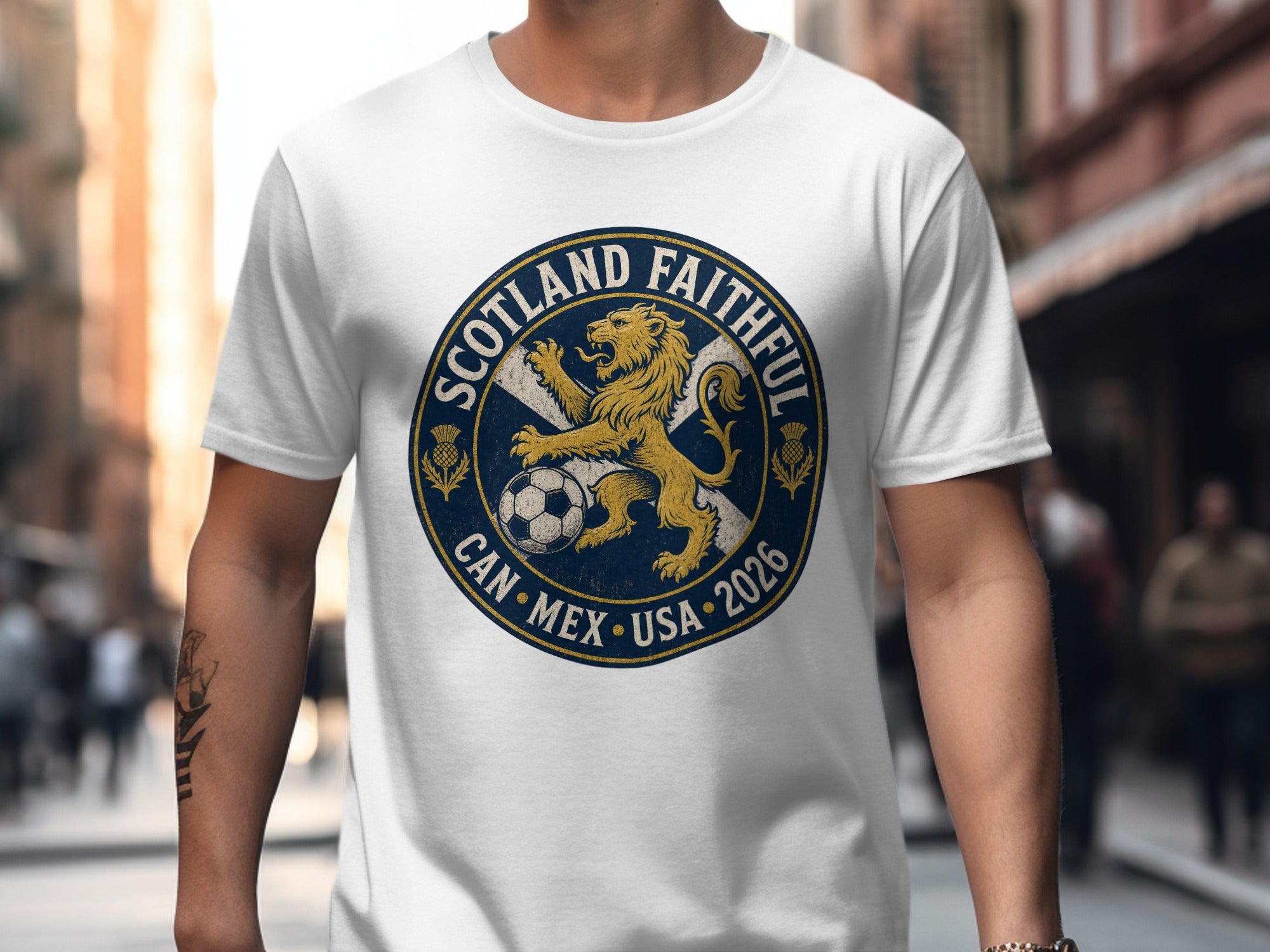 White t-shirt with Scotland Faithful 2026 crest featuring a lion and soccer ball.