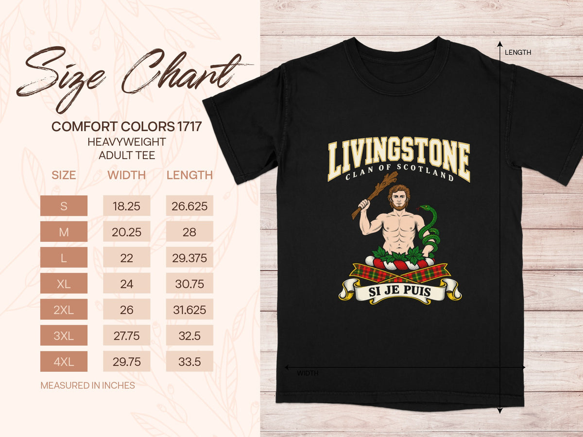 Comfort Colors 1717 size chart with shirt width and length in inches for sizes S to 4XL, beside the Livingstone design.
