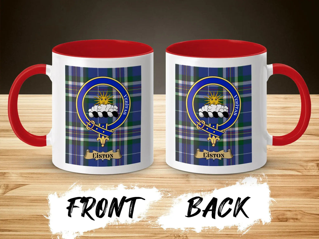 Eiston tartan-background crest mug shown as a Scottish heritage gift