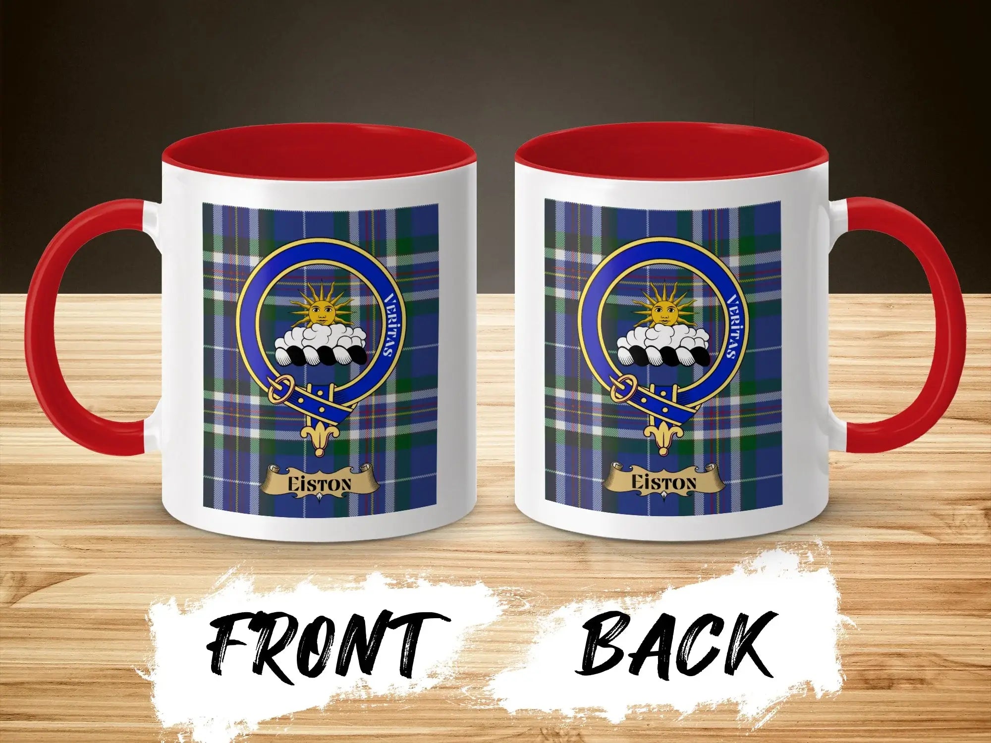 Eiston tartan-background crest mug shown as a Scottish heritage gift