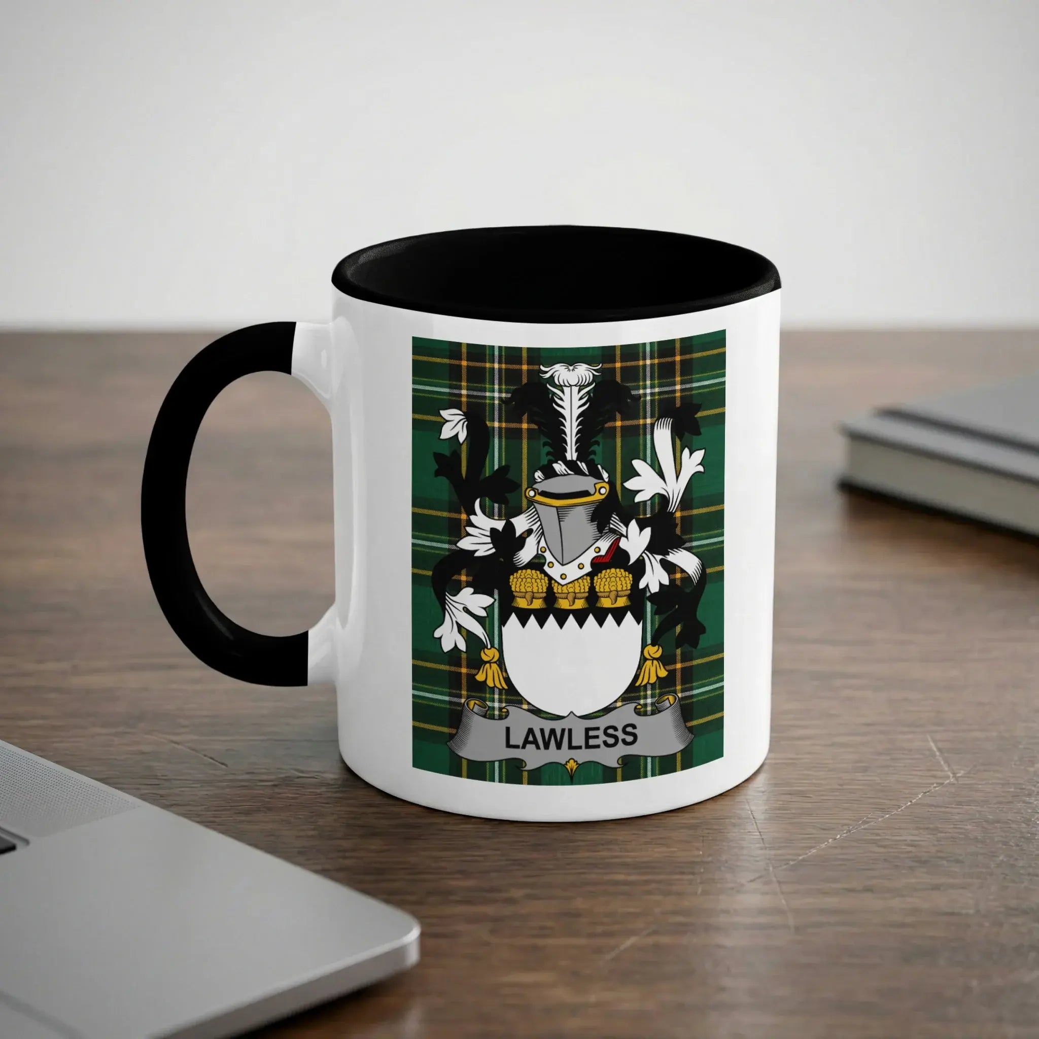 Lawless Irish heritage mug with black handle and family crest
