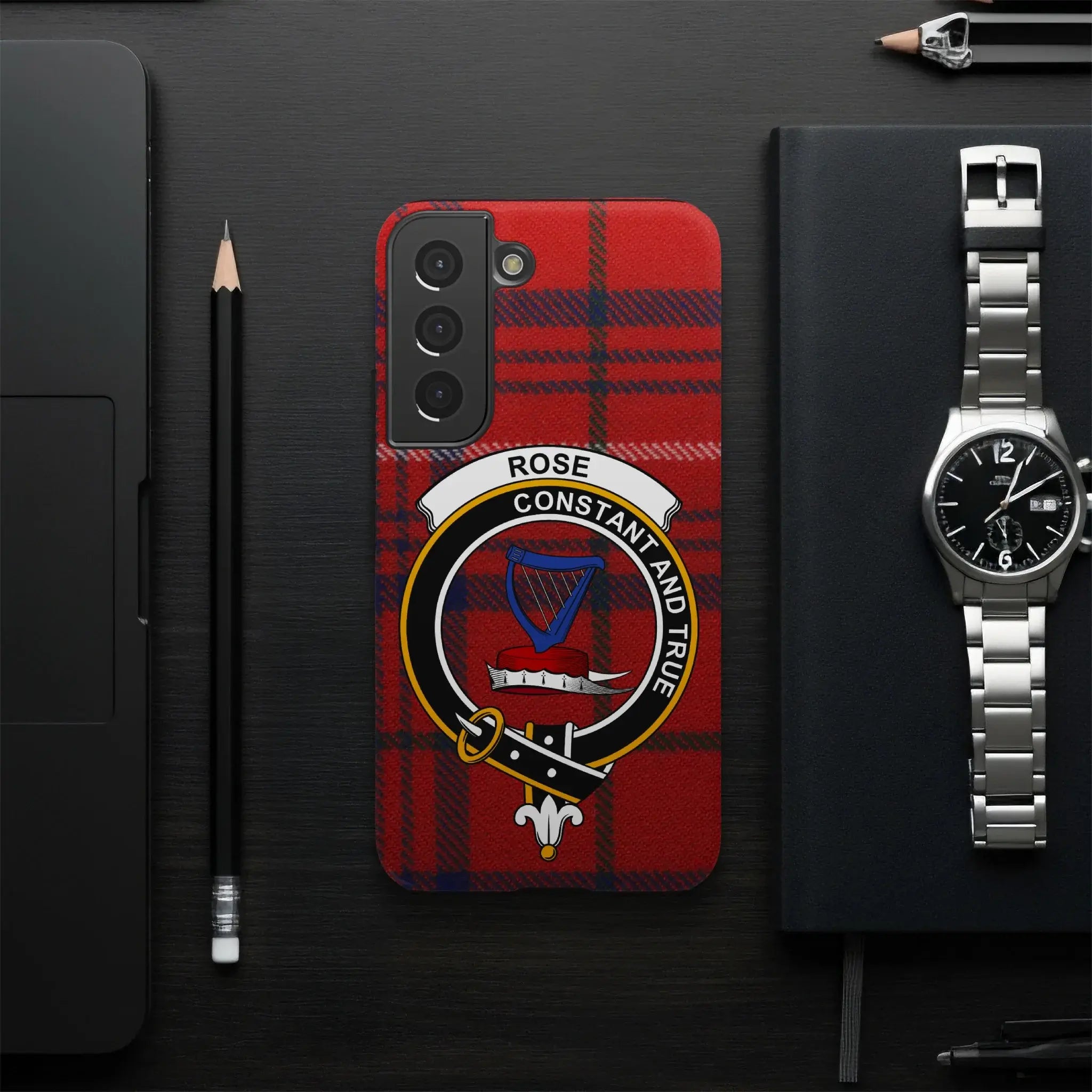 Rose constant and true crest phone case — red tartan, Samsung Galaxy variant