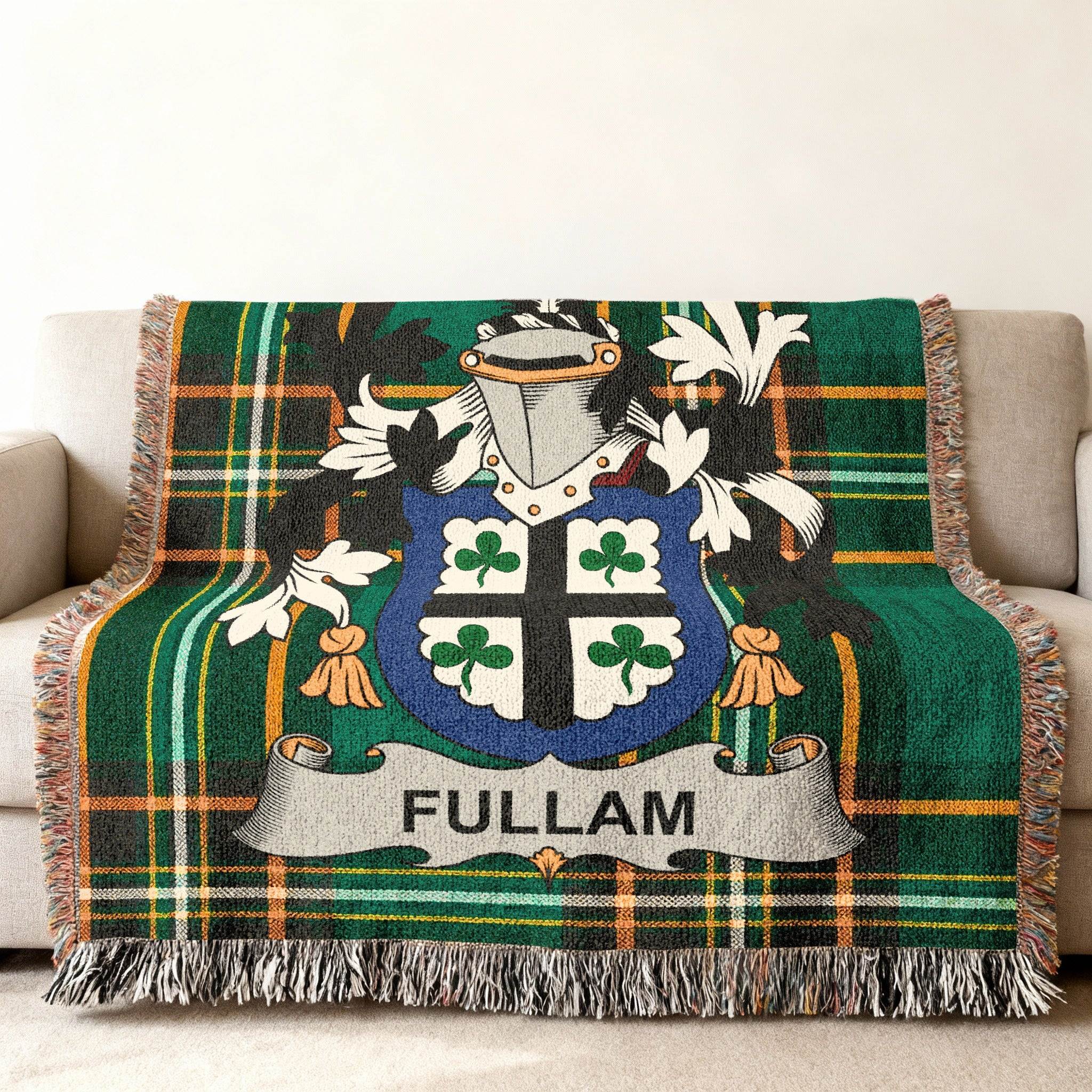 Green tartan blanket with the "FULLAM" crest displayed prominently.