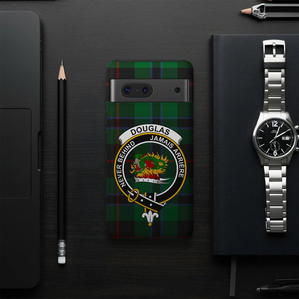Douglas clan crest tartan phone case cover flat lay — full Never Behind heraldic design visible