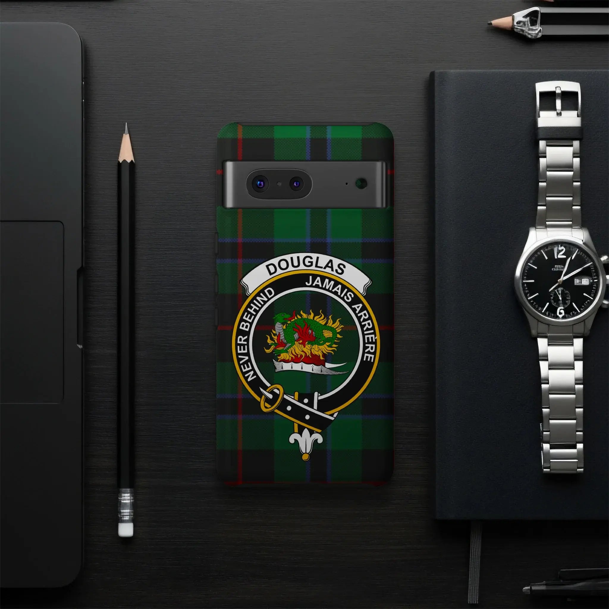 Douglas clan crest tartan phone case cover flat lay — full Never Behind heraldic design visible