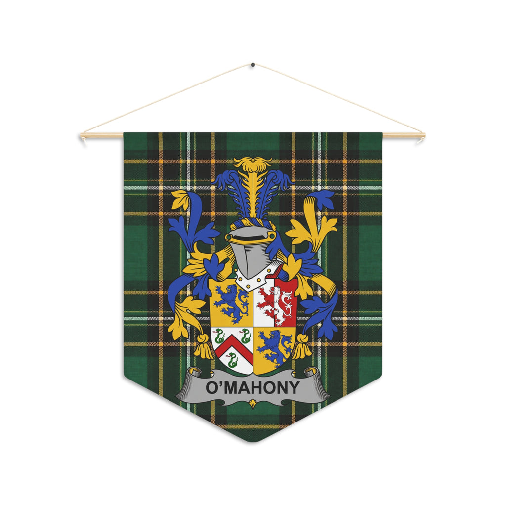 O'Mahony tartan pennant with family crest and helmet.