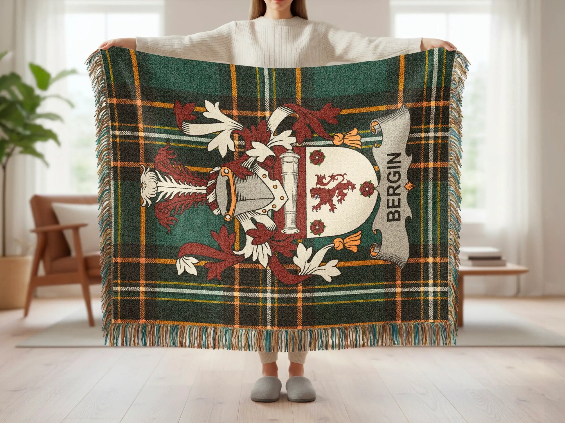 Bergin Crest Plaid Fringes Green Orange Yellow Blanket product type