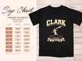 Comfort Colors 1717 size chart in inches with a black Clark clan crest T-shirt preview