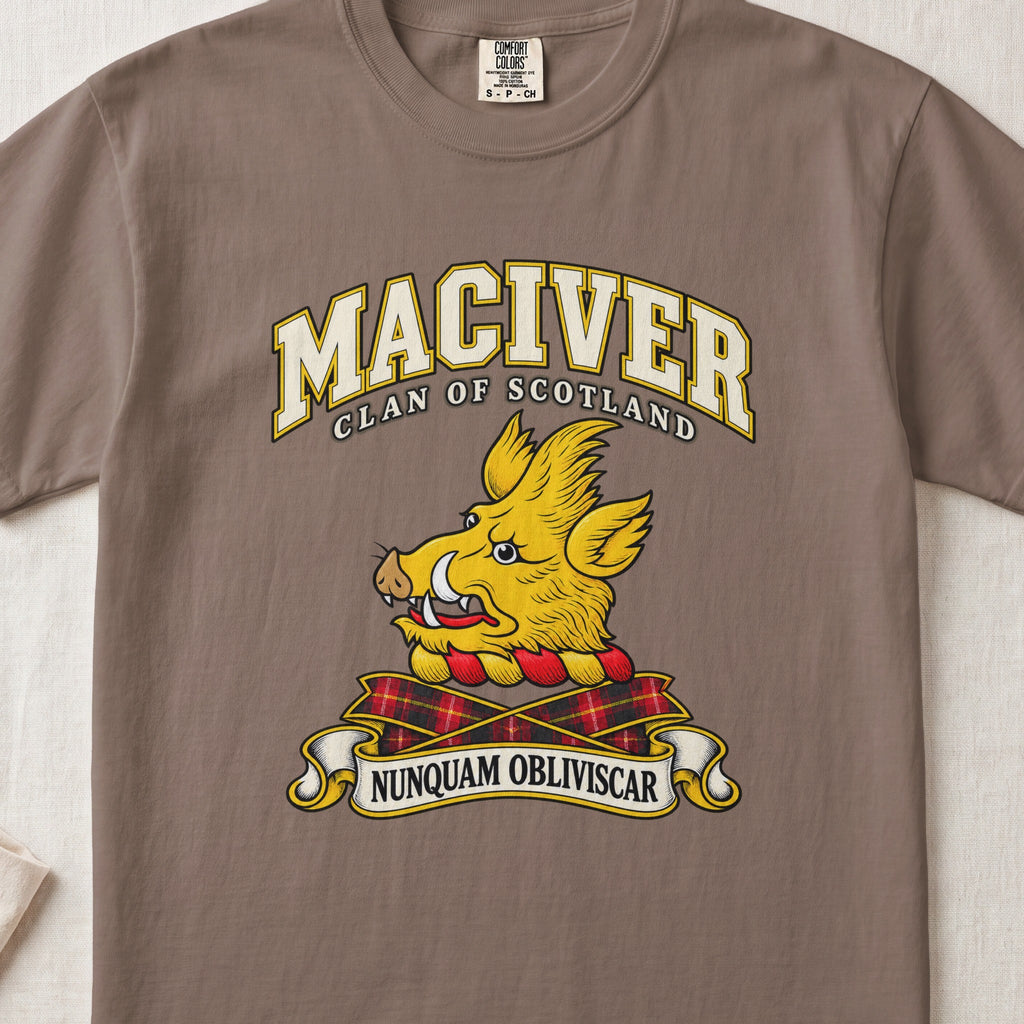 MacIver Scottish clan T-shirt in Espresso, front view with a golden boar head and motto design.