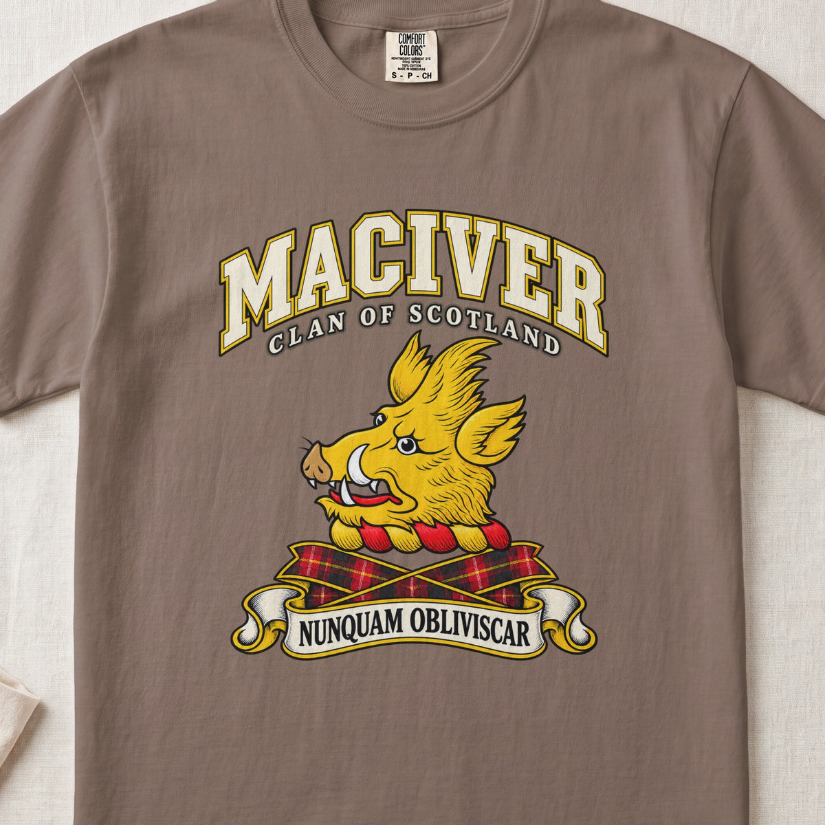 MacIver Scottish clan T-shirt in Espresso, front view with a golden boar head and motto design.