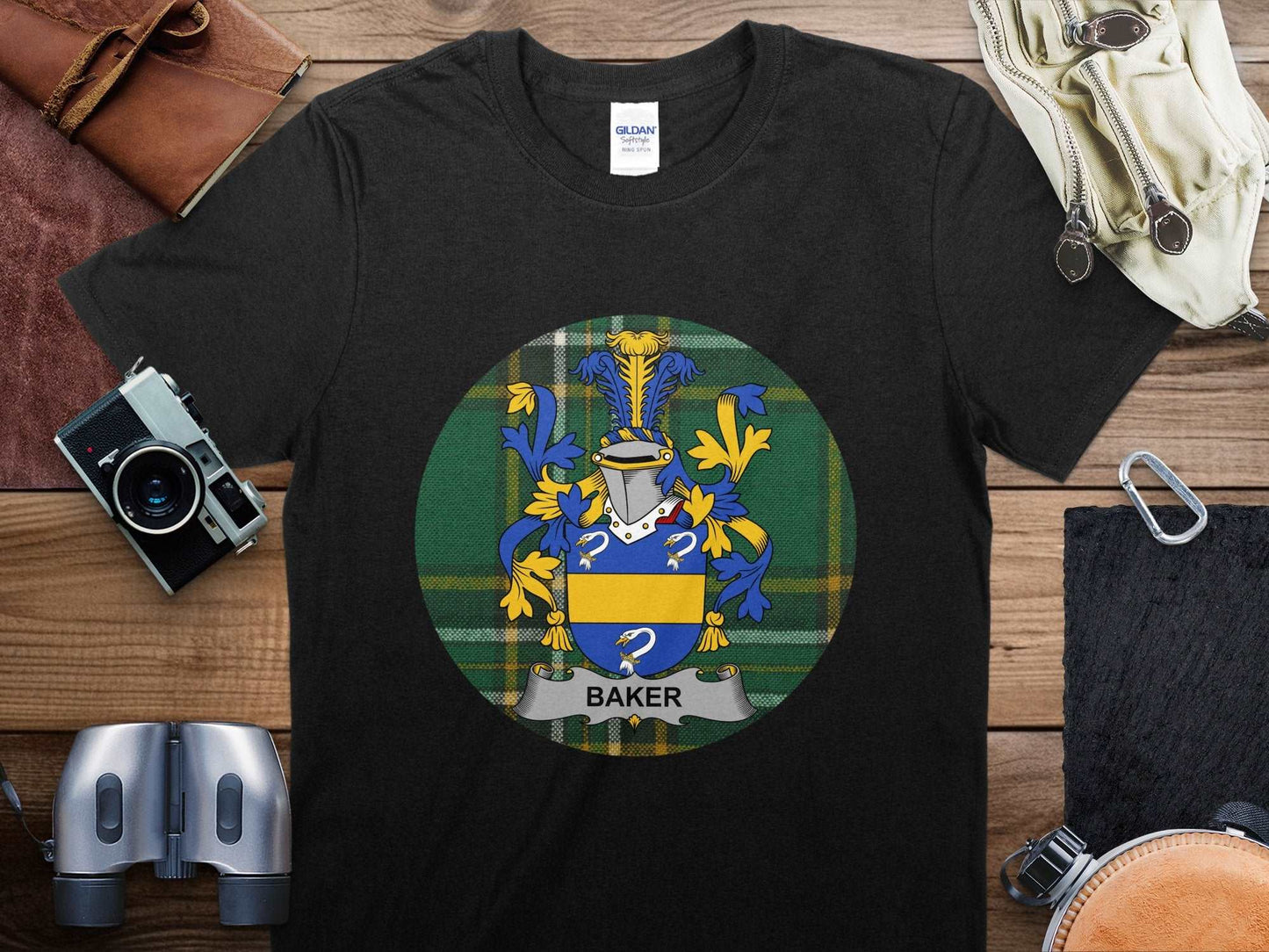 Baker Family Crest on Irish National Tartan Background T-Shirt - Living Stone Gifts