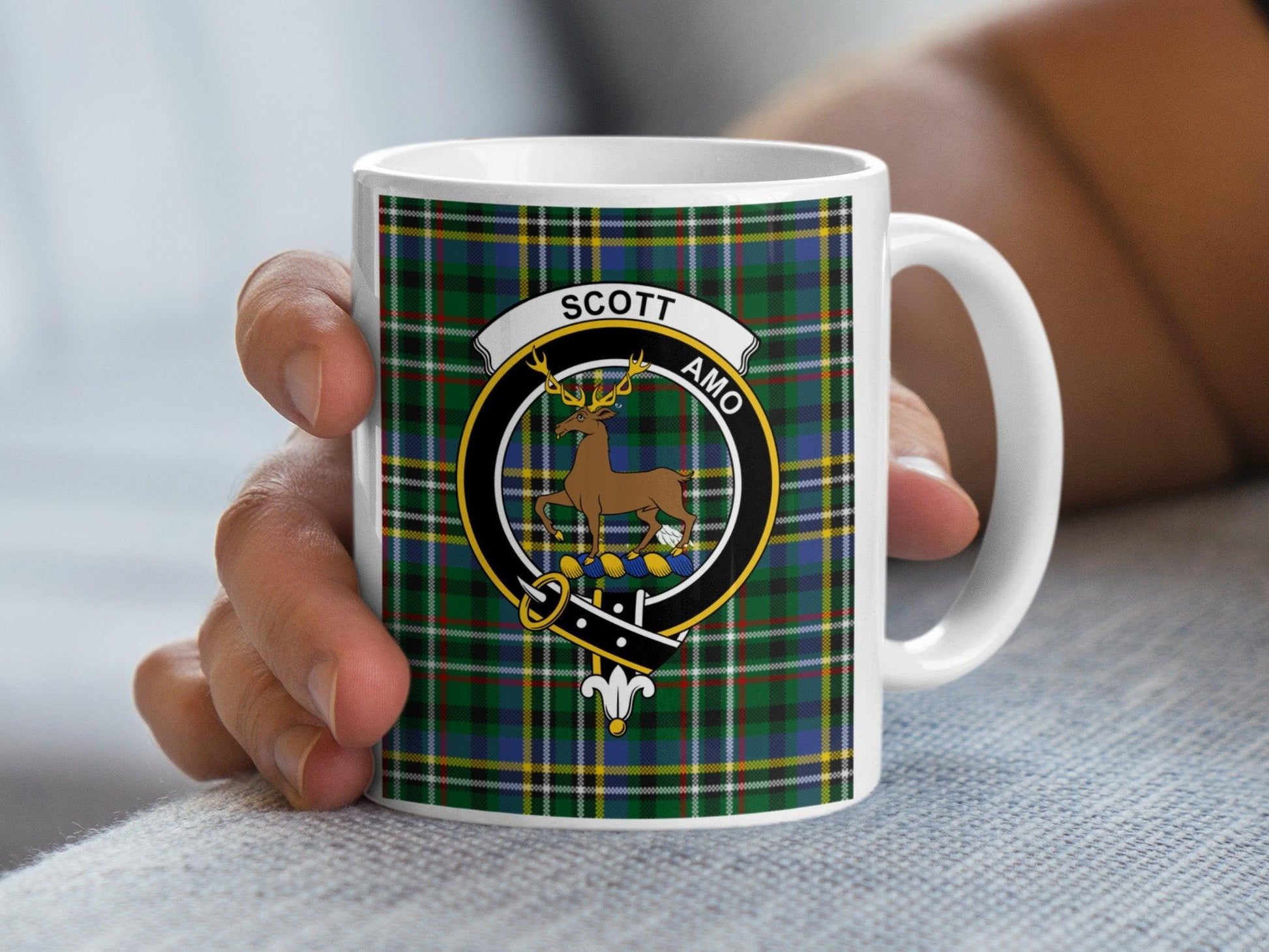 Scott Clan Crest Tartan Mug with Deer and Shield Design Mug - Living Stone Gifts