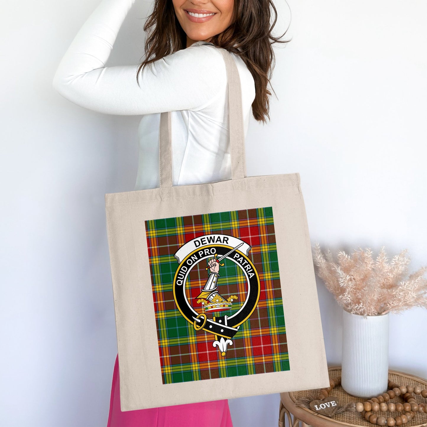 Dewar Clan Scottish Tartan Crest Badge Tote Bag - Living Stone Gifts