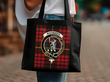 Scottish Clan Crest MacQueen Tartan Background Tote Bag - Living Stone Gifts