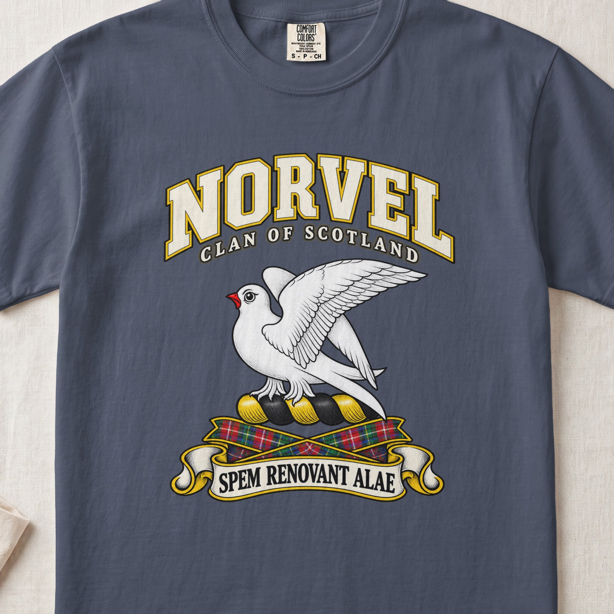 Norvel Scottish clan T-shirt in Midnight, front view with a white bird with raised wings and motto banner.