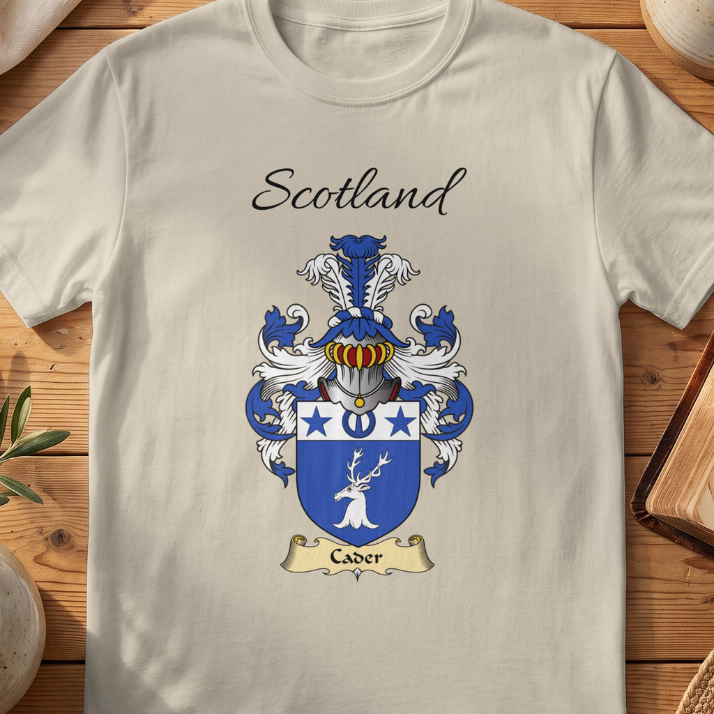 Sand Cader Scottish family shield T-shirt featuring a white stag head below a band of blue stars