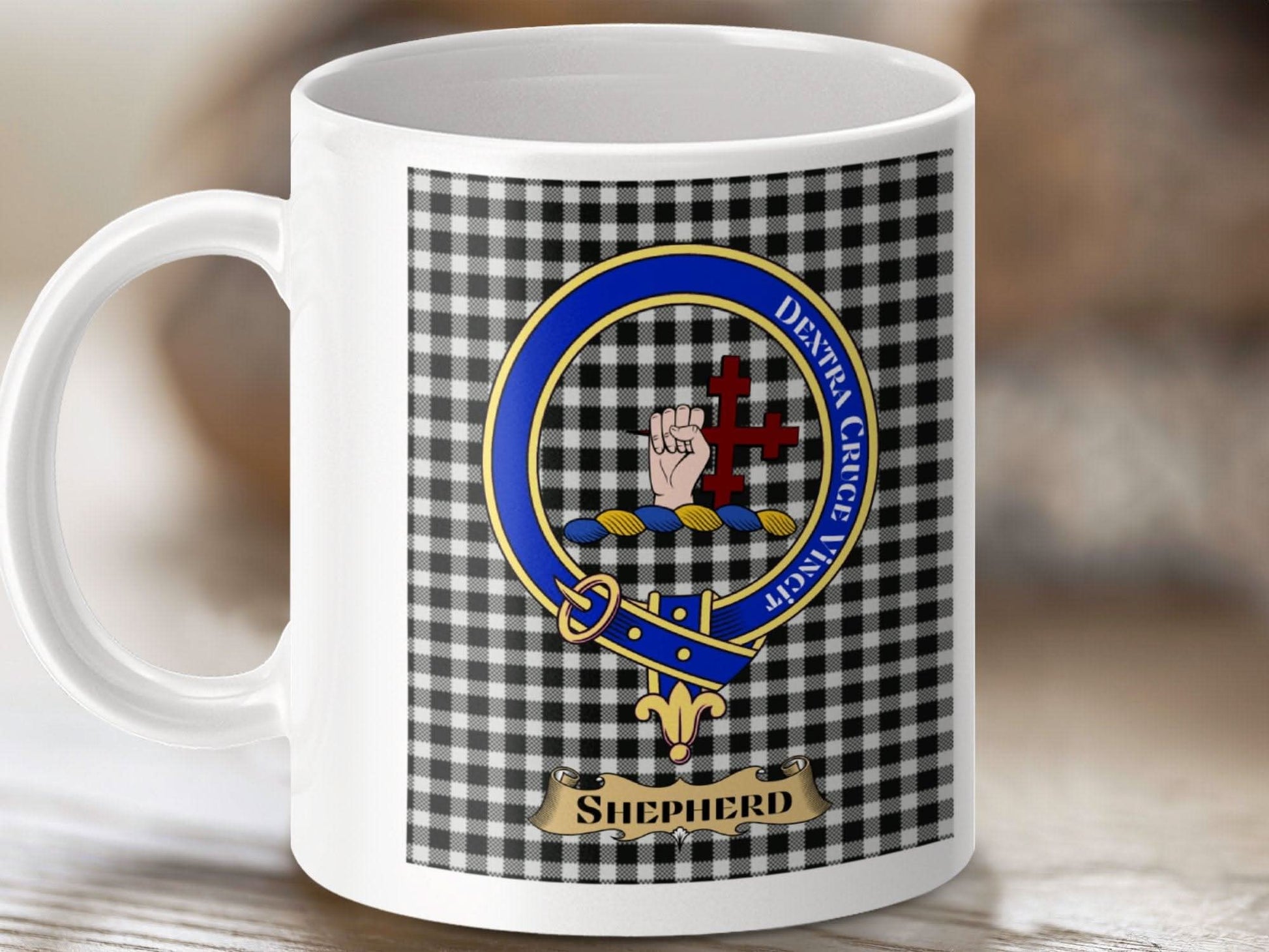 Clan Crest Shepherd Badge Gingham Background Mug product