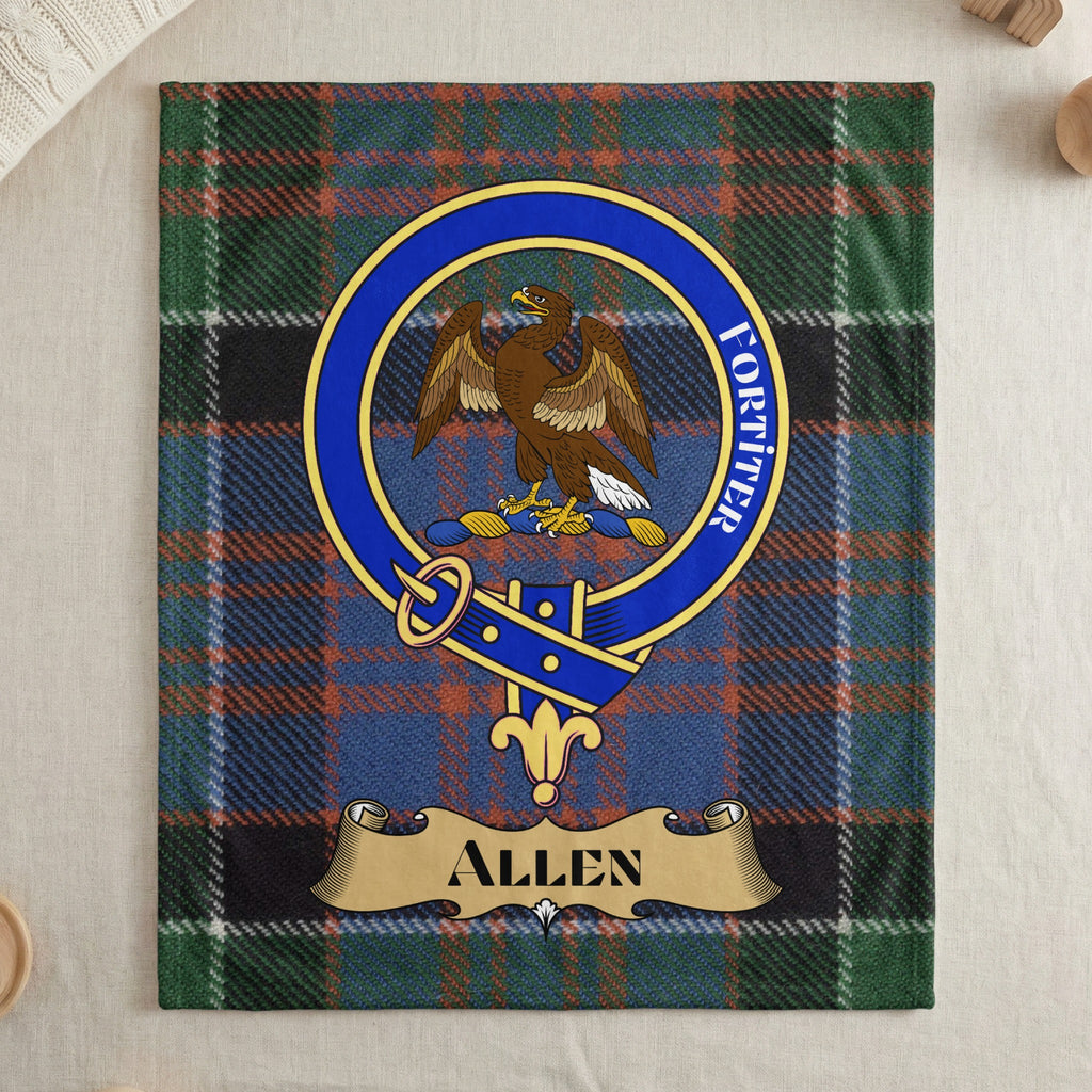 Allen clan tartan throw blanket with crest and motto — draped display
