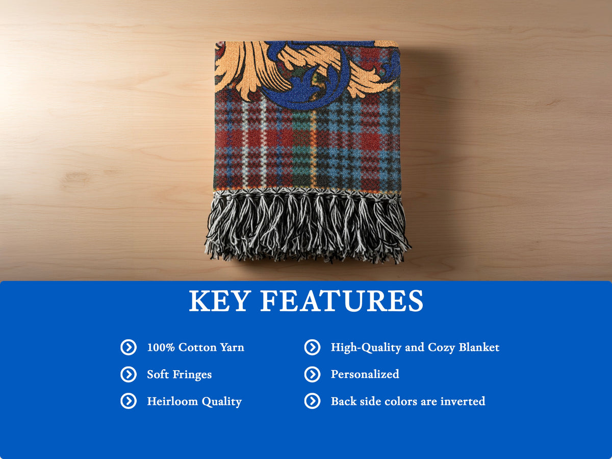 Features of the Blackwood Scottish family shield woven blanket with Caledonia tartan background