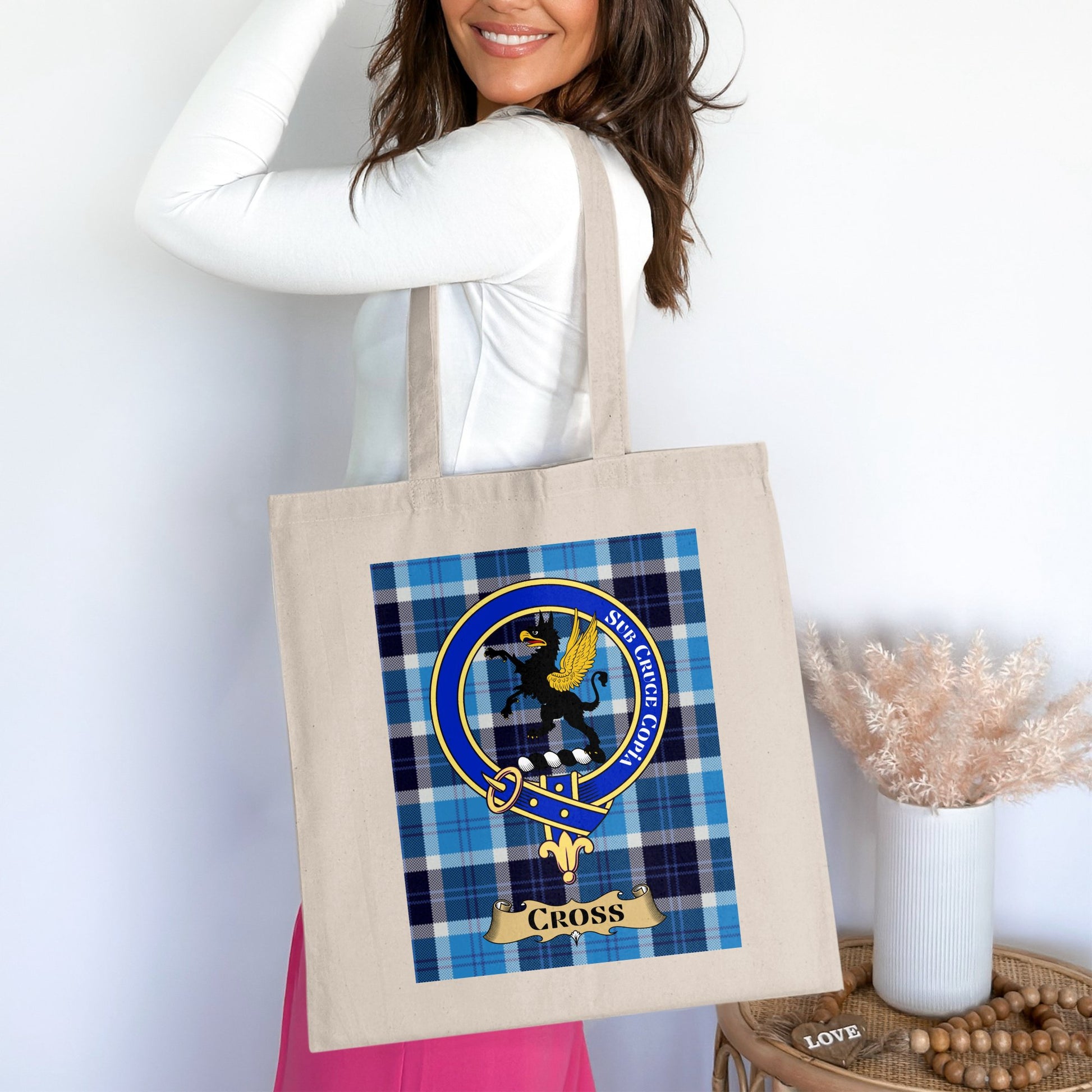 Cross Clan Scottish Tartan Crest Blue Plaid Tote Bag - Living Stone Gifts