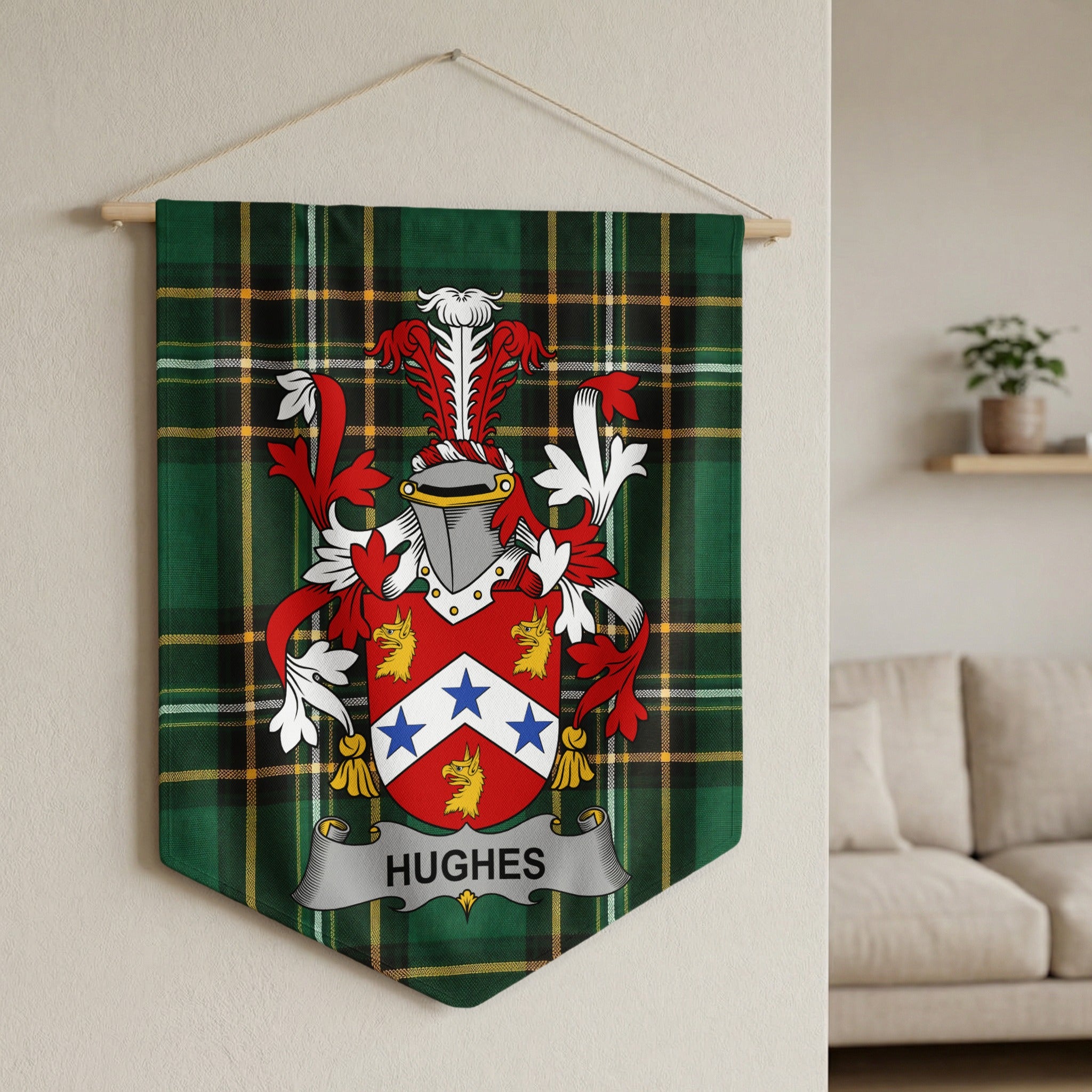 Family crest with "HUGHES" text on a green plaid banner.