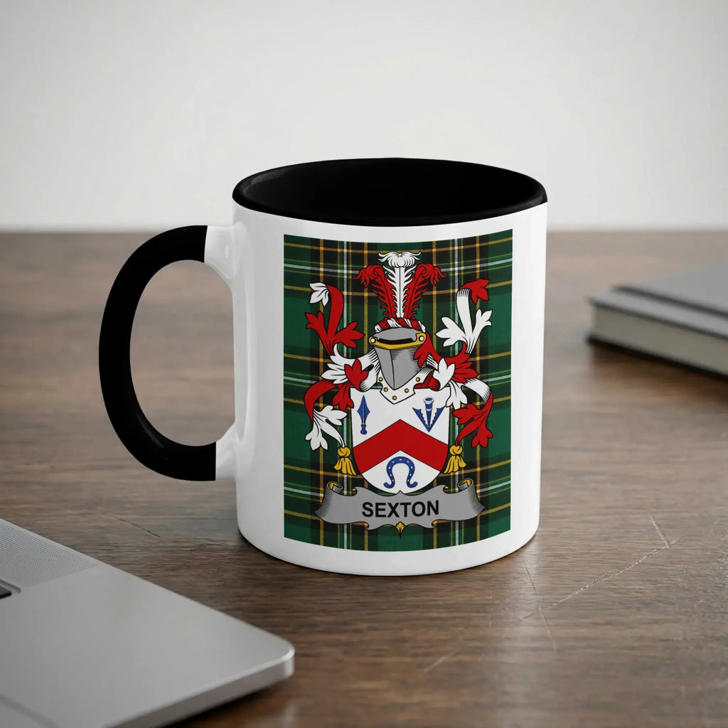 Sexton black accent mug with Irish National Tartan crest design