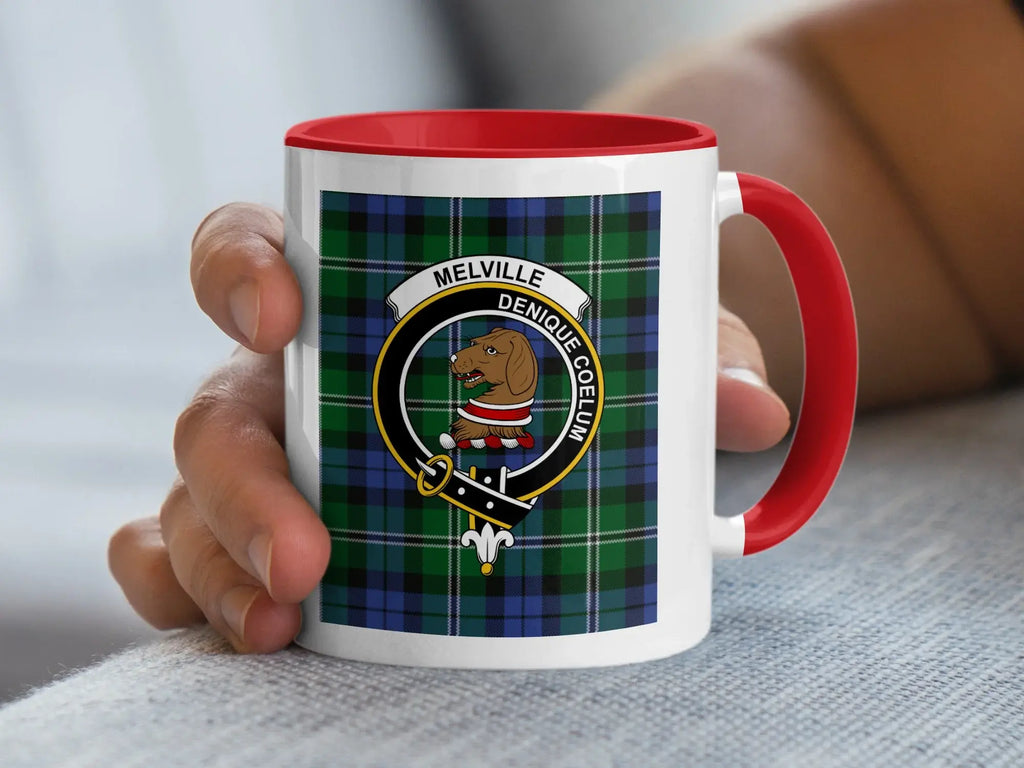 Melville tartan crest accent mug — 15 oz with black handle, Scottish clan heritage design